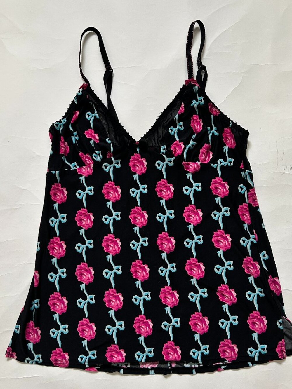 Betsey Johnson Rose Rosette Floral Babydoll Cami Ribbons Bows Black Y2K size S